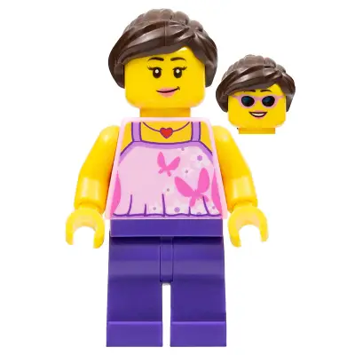  Girl, Bright Pink Top with Butterflies and Flowers, Dark Purple Legs, Dark Brown Hair Ponytail and Swept Sideways Fringe