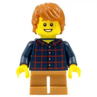  Child - Boy, Dark Blue Plaid Button Shirt, Medium Nougat Short Legs, Dark Orange Tousled Hair, Freckles