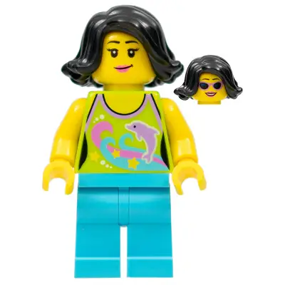  Female Lime Halter Top with Dolphin Pattern, Medium Azure Legs, Black Female Hair Short Swept Sideways