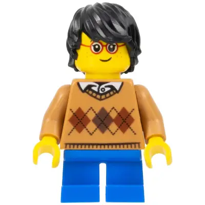 Child - Boy, Medium Nougat Argyle Sweater, Blue Short Legs, Black Tousled Hair, Glasses, Freckles