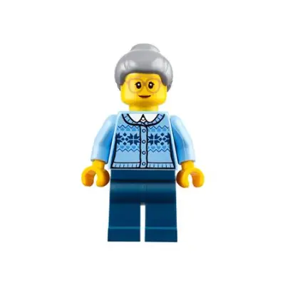  Grandmother - Fair Isle Sweater, Light Bluish Gray Hair with Top Knot Bun, Dark Blue Legs, Glasses