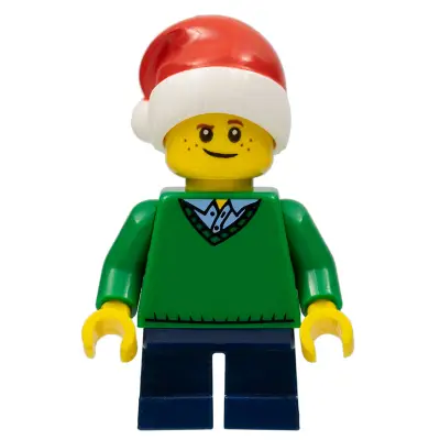  Child - Boy, Green V-Neck Sweater, Dark Blue Short Legs, Santa Hat