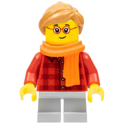  Child - Girl, Red Plaid Flannel Shirt, Light Bluish Gray Short Legs, Medium Nougat Ponytail Hair, Freckles, Glasses, Orange Scarf