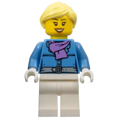  Female, Jacket with Medium Lavender Scarf, White Legs, Bright Light Yellow Ponytail, Open Mouth Smile
