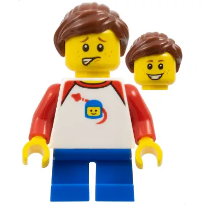  Girl - Shirt with Red Collar, Spaceship Orbiting Classic Space Helmet, Blue Short Legs, Ponytail and Swept Sideways Fringe, Freckles