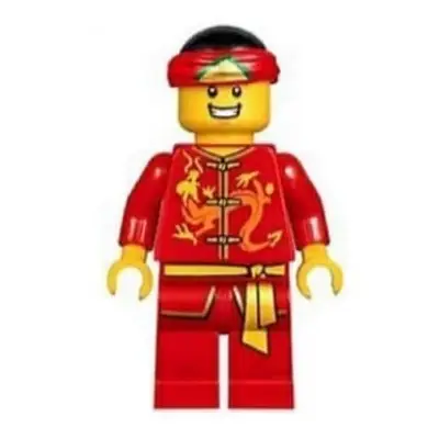  Dragon Dance Performer, Tied Red Bandana, Open Mouth Smile with Teeth