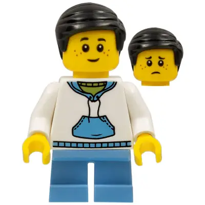  Child - Boy, White Hoodie with Medium Blue Pocket, Medium Blue Short Legs, Black Hair, Freckles