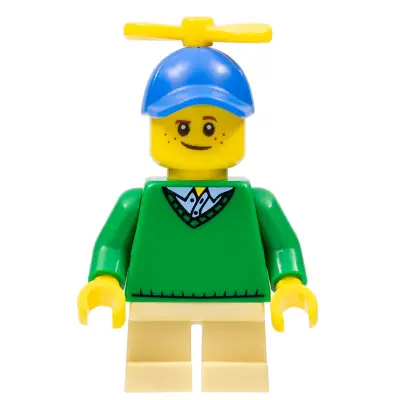  Boy - Freckles, Green Sweater, Tan Short Legs, Blue Cap with Tiny Yellow Propeller