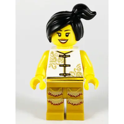  Woman, Lion Dance, White Shirt, Gold Legs with Fringe