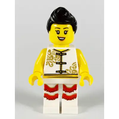  Woman, Lion Dance, White Shirt, White Legs with Red Fringe