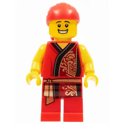  Lion Dance Musician, Red Head Wrap, Smile, Red Robe with Gold Dragon