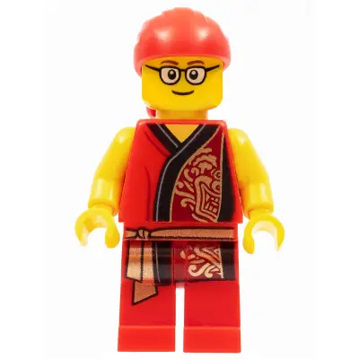  Lion Dance Musician, Red Head Wrap, Glasses, Red Robe with Gold Dragon