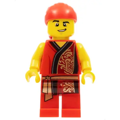  Lion Dance Musician, Red Head Wrap, Lopsided Grin, Raised Eyebrow, Red Robe with Gold Dragon