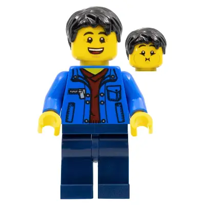  Man, Black Hair, Blue Jacket, Dark Red Shirt, Dark Blue Legs