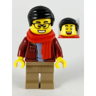  Man, Dark Red Jacket with Bright Light Blue Shirt, Dark Tan Legs, Red Scarf, Black Smooth Hair, Glasses