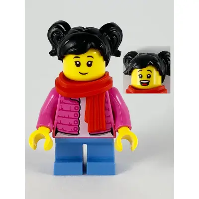  Child - Girl, Dark Pink Puffy Jacket, Medium Blue Short Legs, Black Hair with Pigtails, Red Scarf
