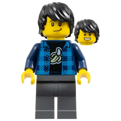  Man, Black Hair, Dark Azure Plaid Vest, Dark Blue Banana Shirt, Dark Bluish Gray Legs