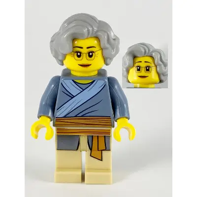  Porcelain Vendor, Female, Light Bluish Gray Hair, Glasses, Sand Blue Tunic, Medium Nougat Sash, Tan Legs