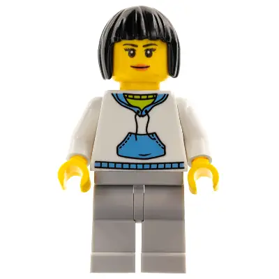  Woman, Black Hair, White Hoodie with Medium Blue Pocket, Light Bluish Gray Legs