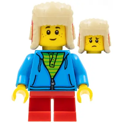  Child - Boy, Dark Azure Hoodie, Red Short Legs, Red and Tan Ushanka Hat, Freckles