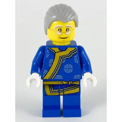  Shadow Puppeteer, Light Bluish Gray Hair, Glasses, Blue Changshan with Yellow Hem and Sash, Silver Circles Pattern