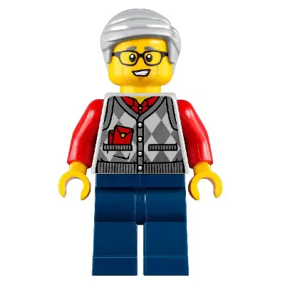  Grandfather, Argyle Cardigan over Red Shirt, Dark Blue Legs, Light Bluish Gray Hair