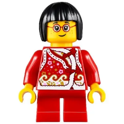  Child - Girl, Red Shirt with Bows and Flowers, Red Short Legs, Black Short Hair, Glasses, Freckles