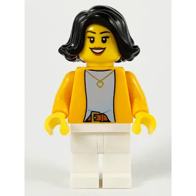  Woman - Bright Light Orange Jacket over Light Bluish Gray Shirt, White Legs, Black Mid-Length Hair