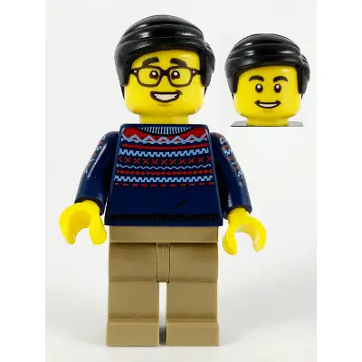  Man, Dark Blue Sweater, Dark Tan Legs, Black Hair, Glasses