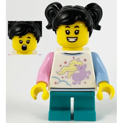  Child - Girl, White Shirt with Unicorn, Dark Turquoise Short Legs, Black Hair with Pigtails