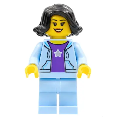  Woman, Black Hair, Bright Light Blue Jacket, Dark Purple Star Shirt, Bright Light Blue Legs