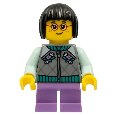  Child - Girl, Flat Silver Jacket, Medium Lavender Short Legs, Black Short Hair, Glasses, Freckles