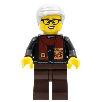  Grandfather, Black Shirt with Dark Red Scarf, Dark Brown Legs, Light Bluish Gray Hair