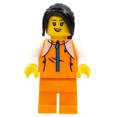  Woman, Orange Tracksuit, Long Black Hair