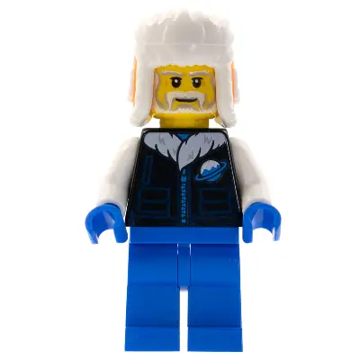  Man, Orange Ushanka Hat, Black Ice Planet Coat, Blue Legs