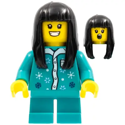  Child - Girl, Dark Turquoise Pajamas Top, Dark Turquoise Short Legs, Black Long Hair