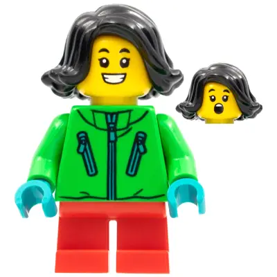  Child - Girl, Bright Green Jacket, Red Short Legs, Black Hair