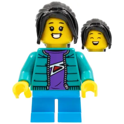  Child - Girl, Dark Turquoise Jacket over Dark Purple Shirt, Dark Azure Short Legs, Black Ponytail