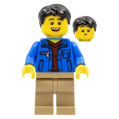  Man, Black Hair, Blue Jacket, Dark Red Shirt, Dark Tan Legs