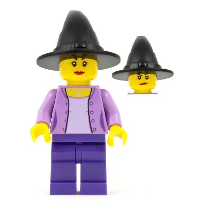  Woman, Medium Lavender Jacket with Necklace, Dark Purple Legs, Black Wizard / Witch Hat