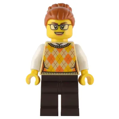  Santa's Toys and Games Store Owner - Female, Tan Knit Argyle Sweater Vest, Dark Brown Legs, Dark Orange Hair with Bun, Glasses