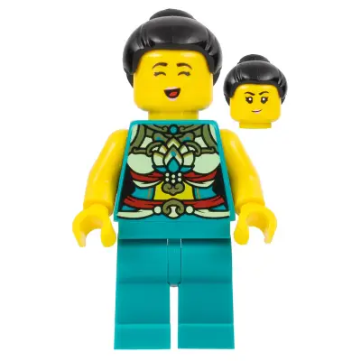  Lunar New Year Parade Participant - Musician, Female, Ornate Dark Turquoise Costume, Black Bun, Singing Face