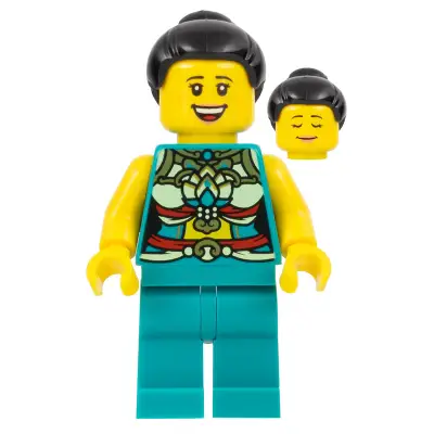  Lunar New Year Parade Participant - Musician, Female, Ornate Dark Turquoise Costume, Black Bun, Large Smile