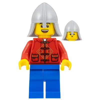  Lunar New Year Parade Participant - Male, Red Tang Shirt, Blue Legs, Castle Guard Helmet with Neck Protector