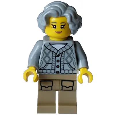  Lodge Owner - Female, Light Bluish Gray Knit Cable Cardigan Sweater, Dark Tan Legs with Pockets, Wavy Hair