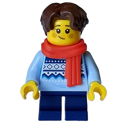  Child - Girl, Bright Light Blue Knit Fair Isle Sweater, Dark Blue Short Legs, Dark Brown Hair, Freckles, Red Scarf