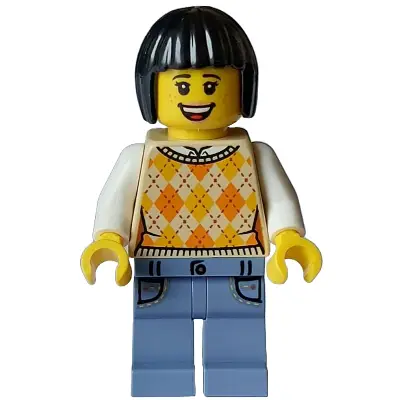  Tourist - Female, Tan Knit Argyle Sweater Vest, Sand Blue Legs with Pockets, Black Bob Cut Hair, Freckles