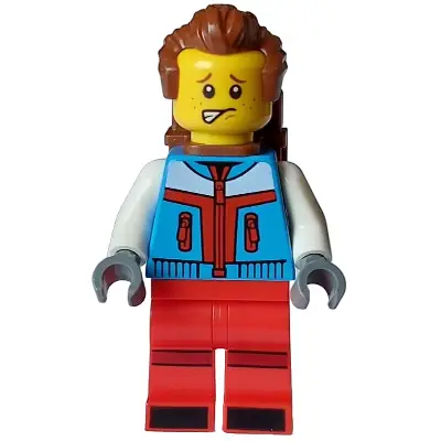  Tourist - Male, Dark Azure Jacket, Red Legs with Dark Red Stripes on Knees, Reddish Brown Swept Back Hair, Freckles, Backpack