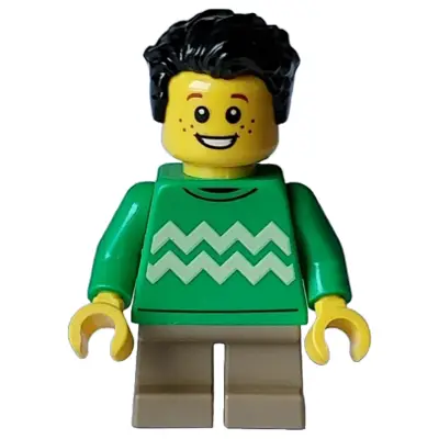  Child - Boy, Bright Green Sweater with Bright Light Yellow Zigzag Lines, Dark Tan Short Legs, Black Tousled Hair, Freckles
