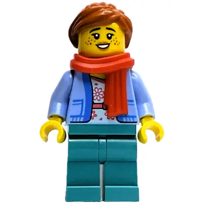  Wintertime Carriage Passenger - Female, Bright Light Blue Jacket over White Shirt with Coral Flowers, Dark Turquoise Legs, Dark Orange Ponytail, Freckles, Red Scarf